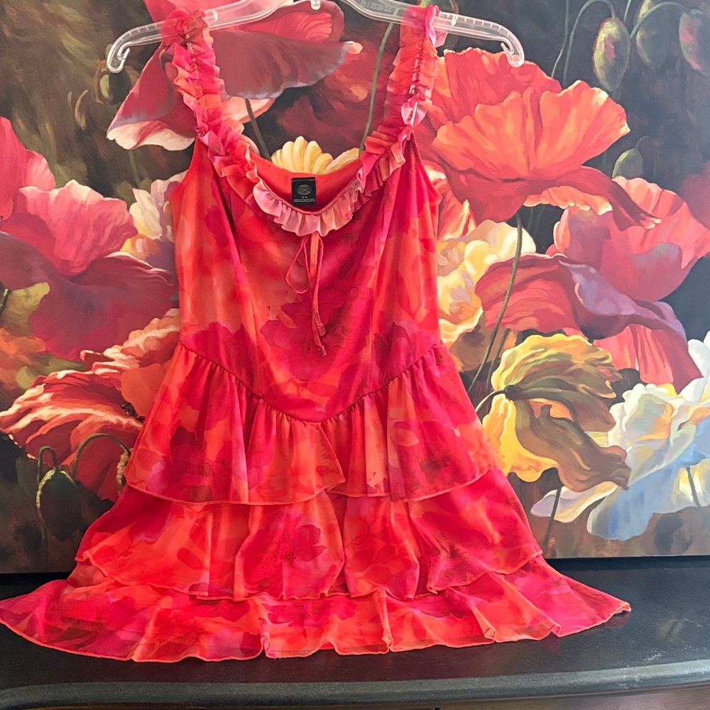 NWOT Girls M Ruffled Tiered Dress in Bright Coral Pink made in UK